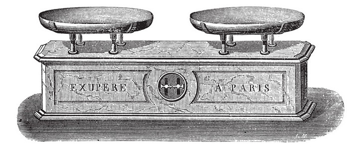 在白色背景上隔离的平衡摆秤的旧雕刻插图工业百科全书EO拉米图片