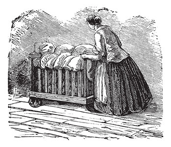 旧刻式妇女用三轮运输衣服的老图例图片
