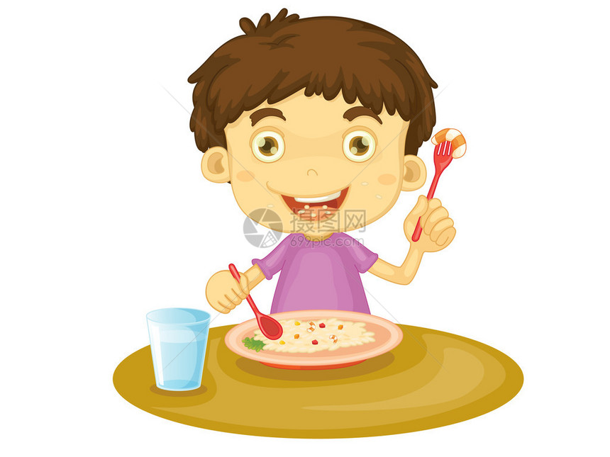 孩子在餐桌旁吃饭的插图图片