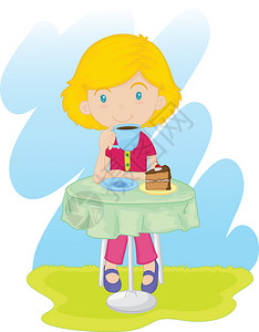 一个女孩坐着吃零食的插图图片
