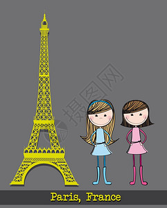Eiffel塔有两个女孩身穿灰色背图片