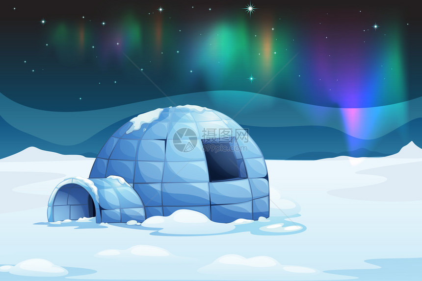 冰屋上的北极光插图图片