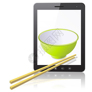 用筷子吃饭用陶瓷杯和木棍隔离在白色背景图示上的平板电脑计算机Pa设计图片