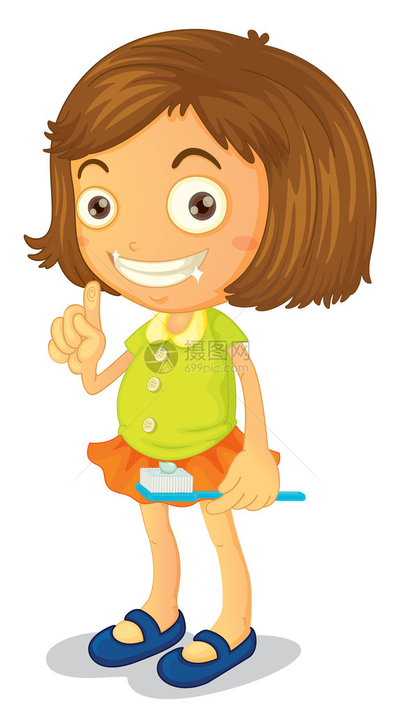 一个女孩在白色背景上刷牙的插图图片