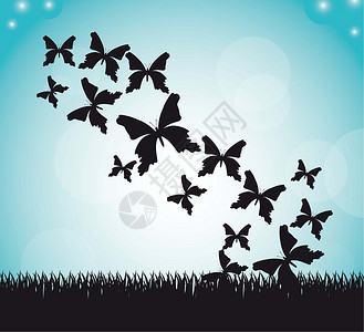剪影蝴蝶与草在天空背景矢量图片
