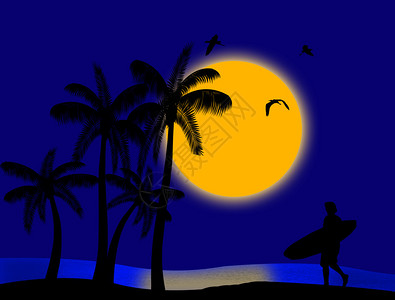 蓝热带天堂日落棕榈和冲浪者图片