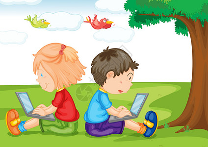 白色背景上带笔记本电脑的孩子的插图图片