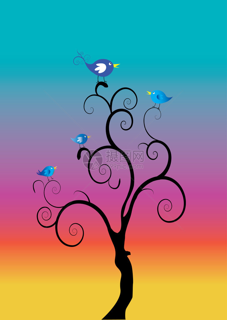 彩虹色背景的黑树上的鸟图片
