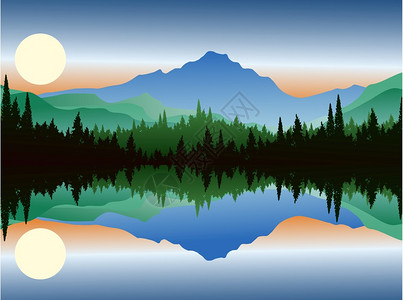 松树和湖的美丽剪影图片