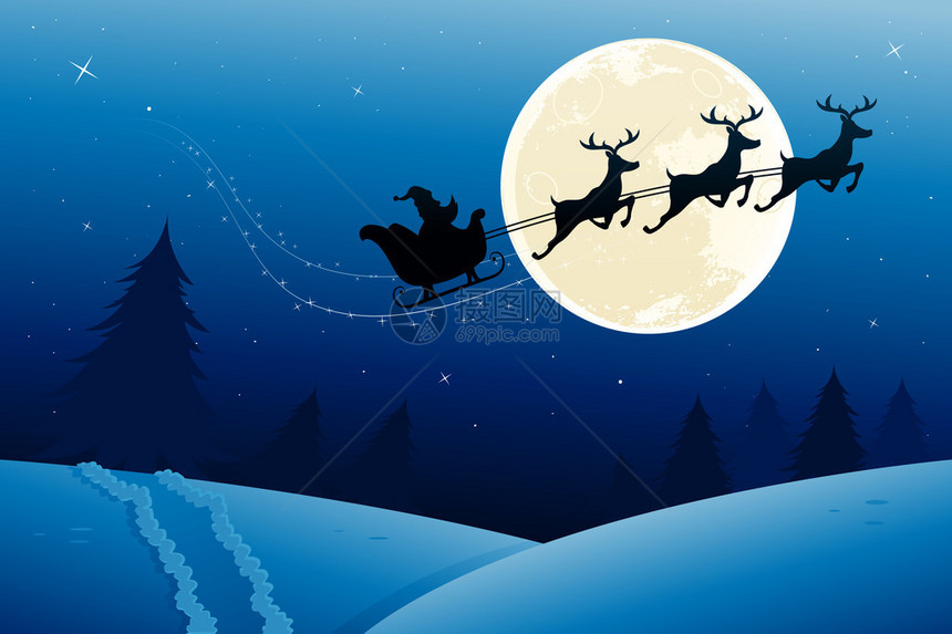 圣诞老人的雪橇在夜间飞行中途图片