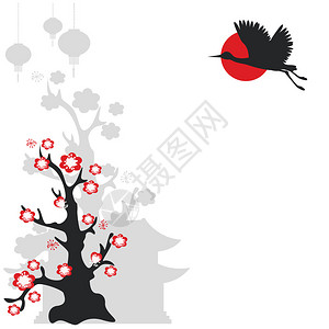 矢量图和飞鹤鸟和开花树背景图片