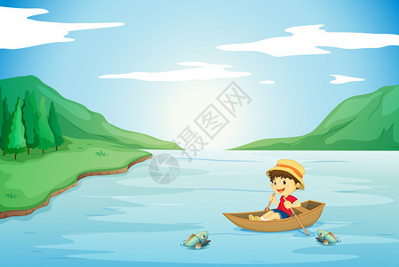 一个男孩在大自然中划船的插图图片
