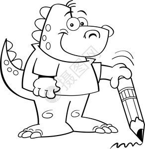 拿着铅笔的恐龙的黑白插图图片