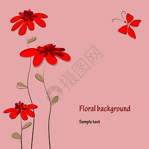 与红色雏菊和蝴蝶的花卉背景图片