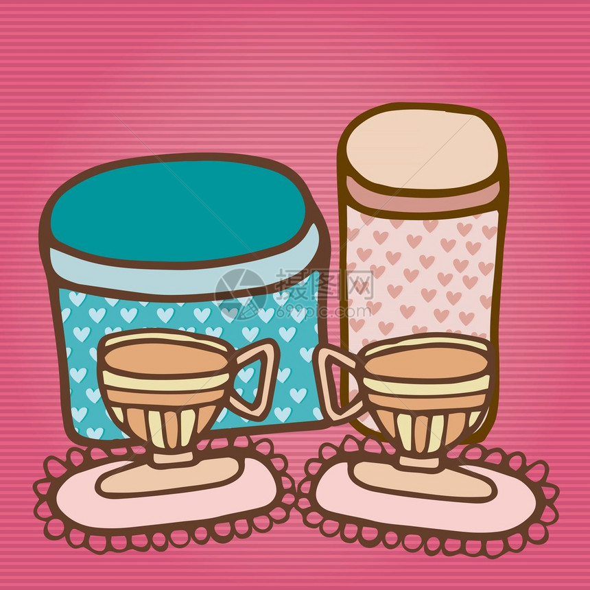 粉红色条纹背景的茶杯加饼干图片