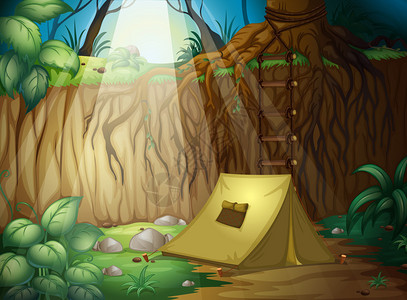在丛林中露营的插图图片