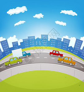 城市中卡通城市公路交通的插图汽车和图片
