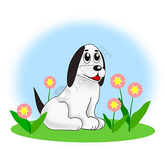 一只白狗坐在花草甸上图片