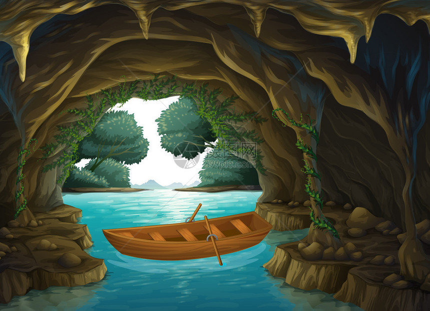 洞穴中一艘船的插图图片