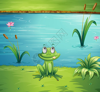 池塘边一只饥饿的青蛙的插图图片
