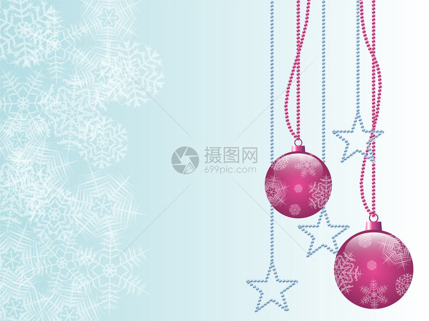 粉红色圣诞节灯泡和带雪花的蓝星背景图片