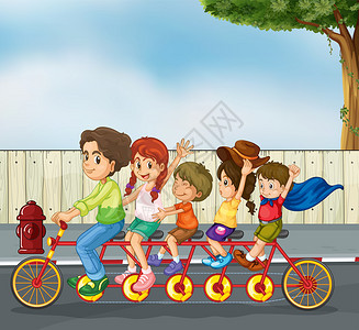 孩子们在路上骑自行车的插图图片