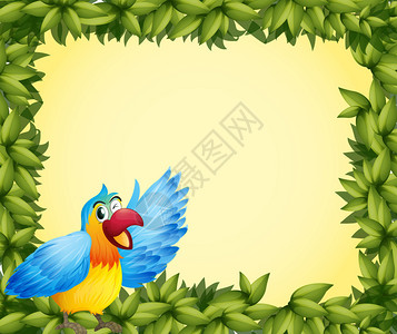 一只五颜六色的鹦鹉和绿叶框架的插图图片