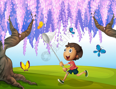 一个男孩在公园捉蝴蝶的插图图片