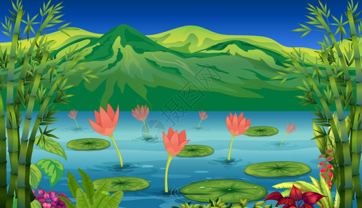 湖边睡莲和鲜花的插图图片