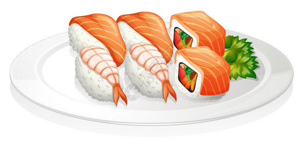 白色背景上装满寿司的盘子的插图图片