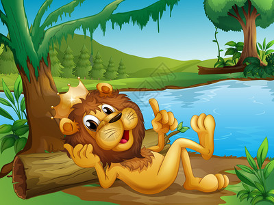 躺在河边树干上的狮子王的插图图片