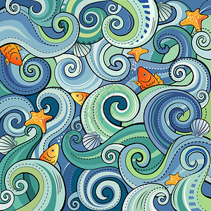 与波浪鱼贝壳和海星的背景图片