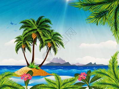 阁兰岛热带岛屿背景与海洋棕榈树相伴插画