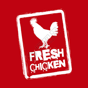 红色背景上的新鲜鸡肉标签矢量图图片