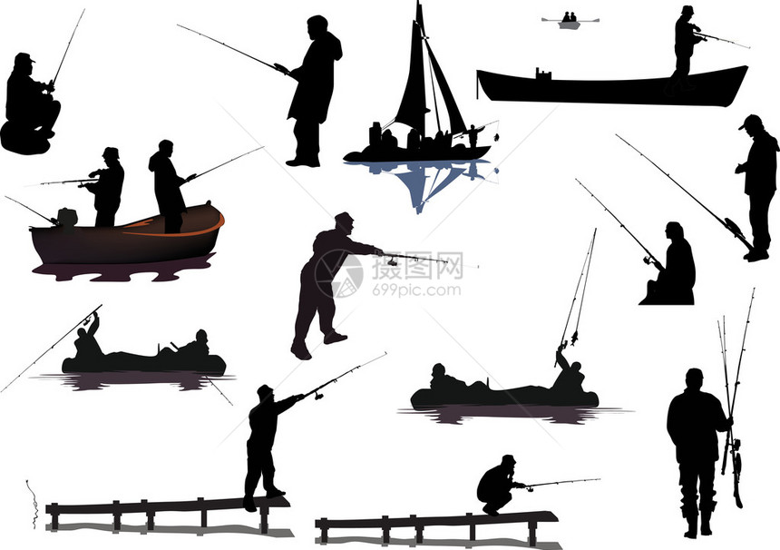 插图与渔民收藏在白色上隔离图片