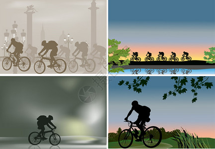 带有户外骑自行车者剪影的插图图片