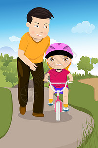 父亲教女儿在公园里骑自行车的矢量图图片