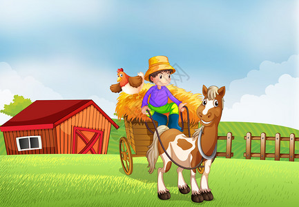 骑着马车的农民的插图图片