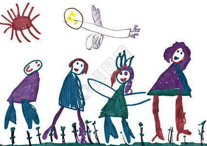 儿童绘画与父亲母亲和两个女儿及监护人天使在一图片