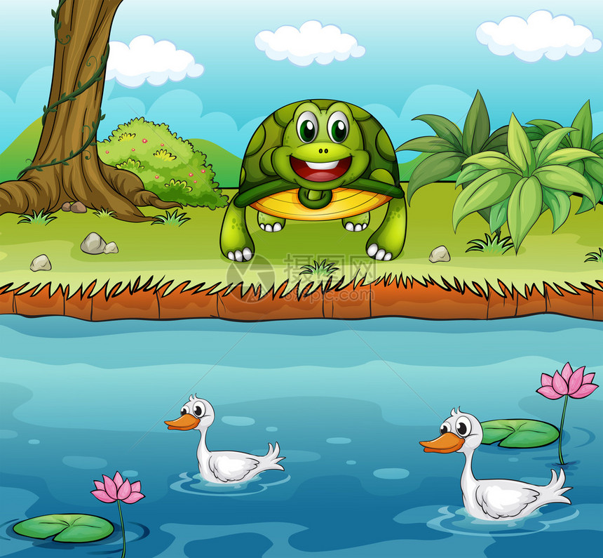 河边的乌龟和鸭子的插图图片
