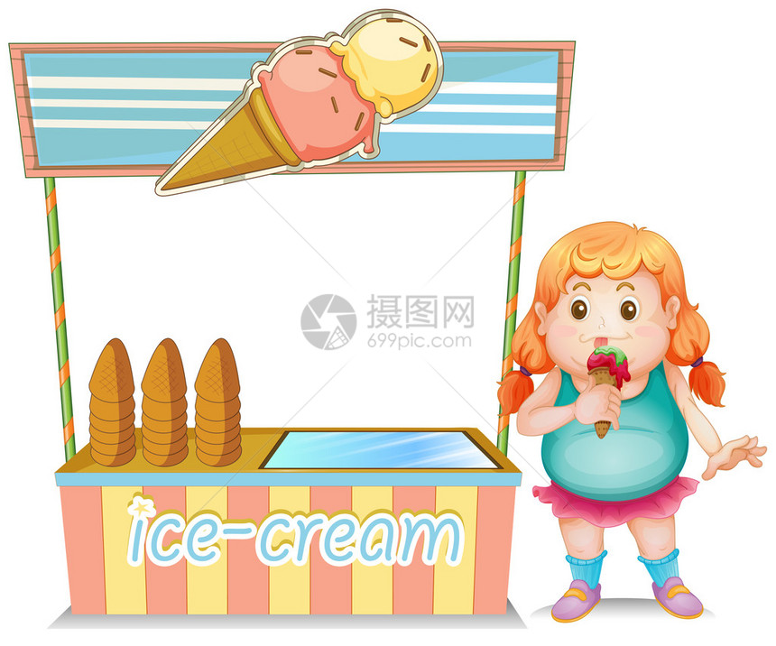 一个胖女孩在冰淇淋旁边吃冰淇淋的插图站图片