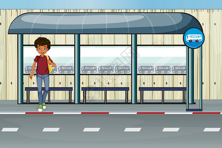 一个男孩在公共汽车站的插图图片