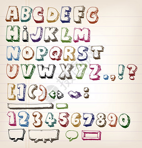 一组手绘草图和涂鸦ABC字母和字体符的插图图片