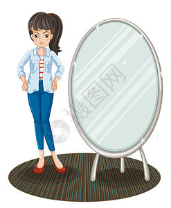说明一个穿着外套的女孩站在白色背景的镜子边上一图片