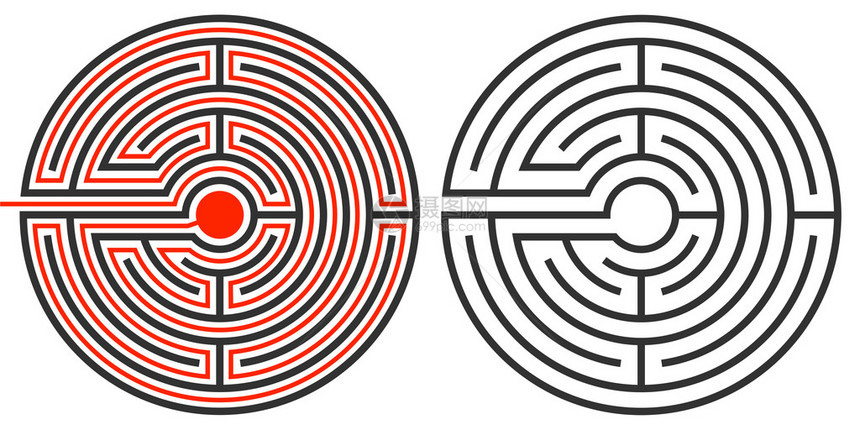 未解的迷宫谜题和第二个显示红完成路径和解决方图片