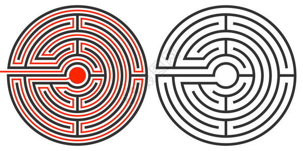 未解之谜未解的迷宫谜题和第二个显示红完成路径和解决方插画