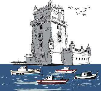 葡萄牙贝伦塔葡萄牙里斯本老堡的插画