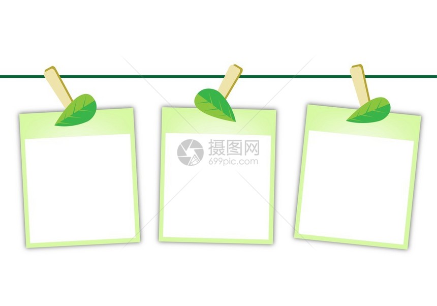 三张空白即时照片打印或宝丽来相框挂在可爱的绿叶衣夹上图片