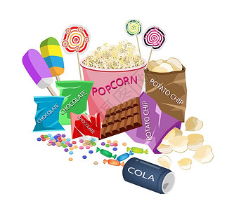 电影食物爆米花冰棒糖巧克力棒巧克力糖果硬糖和准备看电影图片