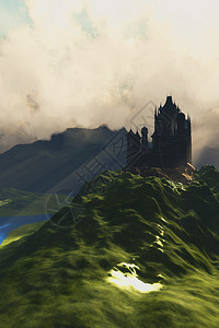 阳光照在群山和河谷之间的城堡上设计图片